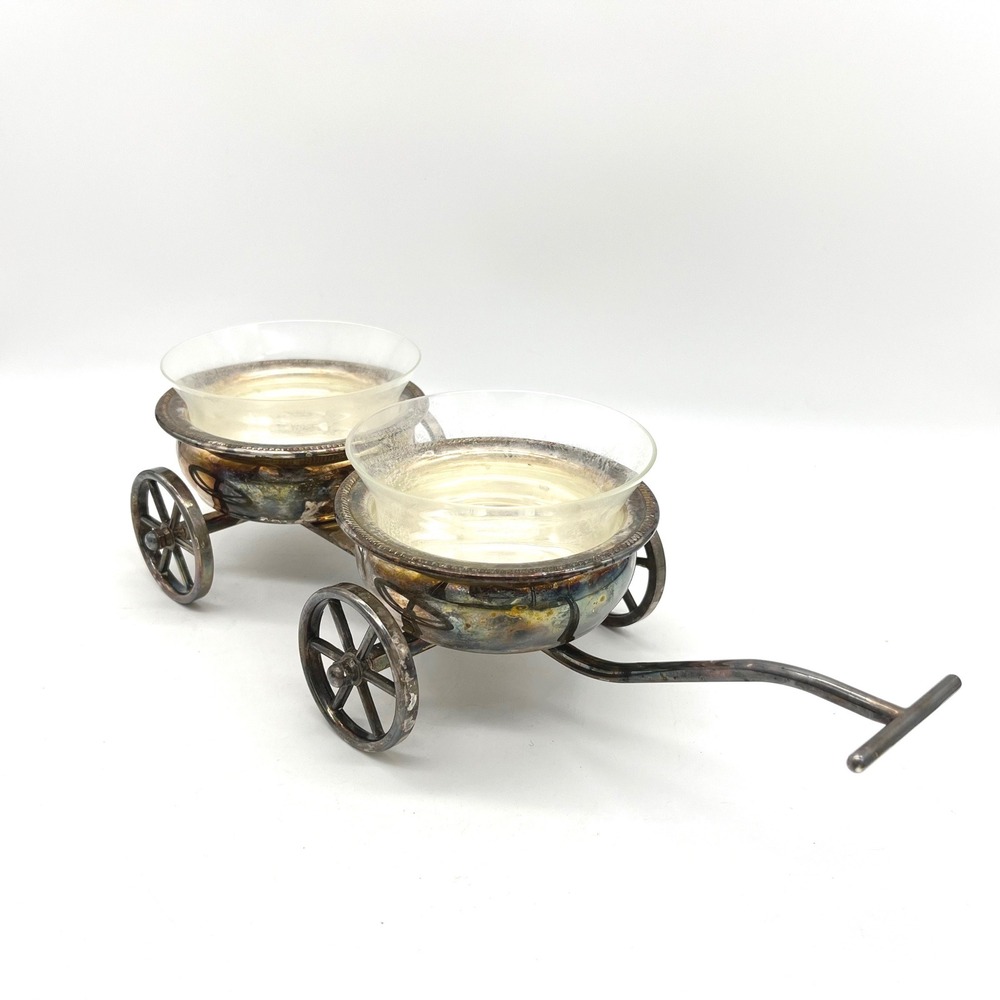 F.B. Rogers Silver Co Vintage Silver Plate Double Condiment Trolley Cart Glass